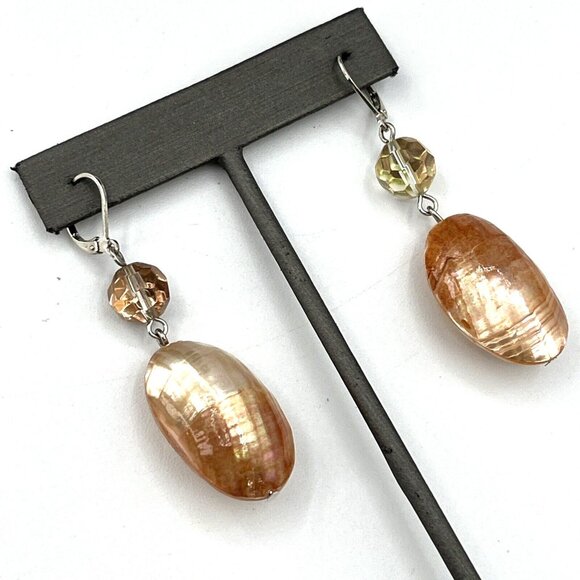 Peach Dyed Double Shell Bead Dangle Pierced Earrings 2.5" - Picture 8 of 9